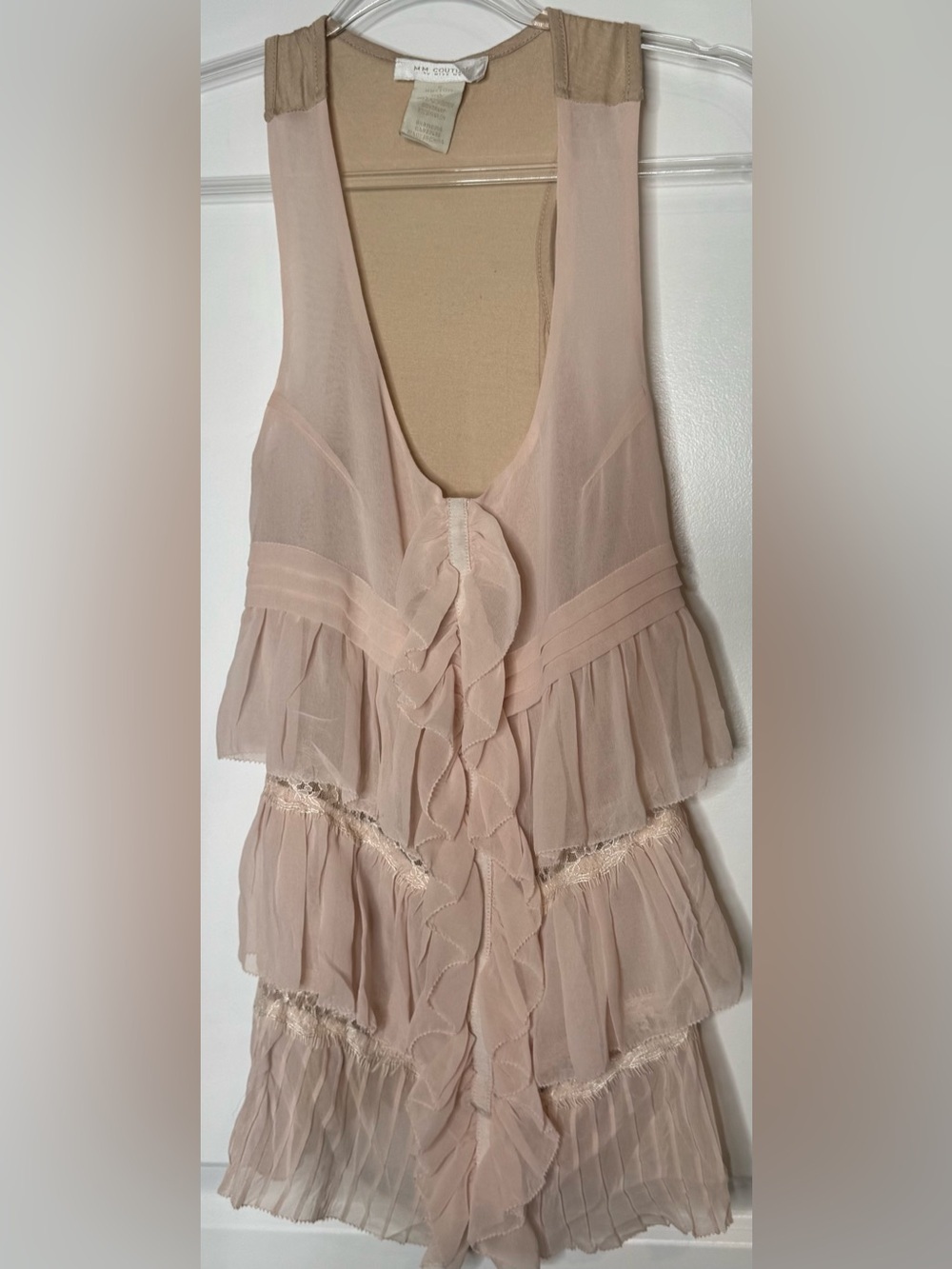 MM Couture Nude Beige pastel pink ruffle tired babydoll lace sheer blouse SM